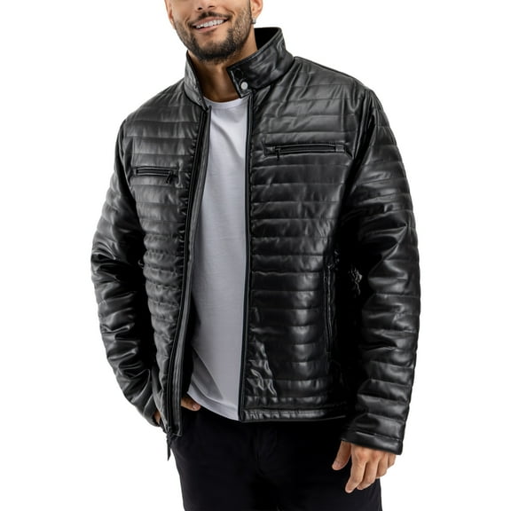 X RAY Jeans Men's PU Quilted Jacket with Faux Shearling Lining, Black, XL