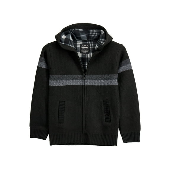 X RAY Boys (6-12) Full Zip Fleece Flannel Lining Sweater with Hood, Kids Knit Sweater for Spring, Fall and Winter | Black/Charcoal,
