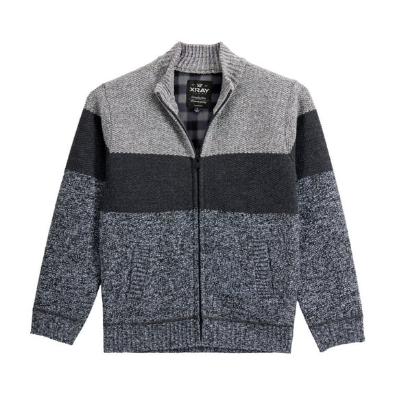 X RAY Jeans Boy's Full Zip Mock Neck Sweater With Fleece Lining, Oatmeal/Charcoal, L