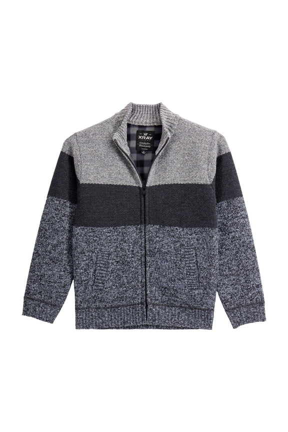 Jeans Boy's Full Zip Mock Neck Sweater With Fleece Lining, Oatmeal/Charcoal, L