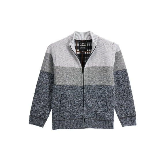 X RAY Jeans Boy's Full Zip Mock Neck Sweater With Fleece Lining, White/Frosted Grey, S
