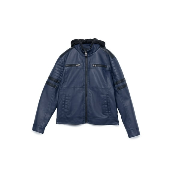 X RAY Teen Faux Leather Jacket for Fall & Winter (S - XL), Kids Outerwear Coat, Motorcycle PU Leather Jacket for Boys, Navy/Black, M