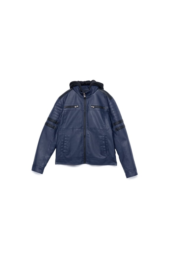 Teen Faux Leather Jacket for Fall & Winter (S - XL), Kids Outerwear Coat, Motorcycle PU Leather Jacket for Boys, Navy/Black, M