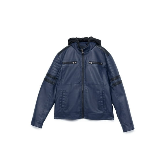 X RAY Teen Faux Leather Jacket for Fall & Winter (S - XL), Kids Outerwear Coat, Motorcycle PU Leather Jacket for Boys, Navy/Black, XL