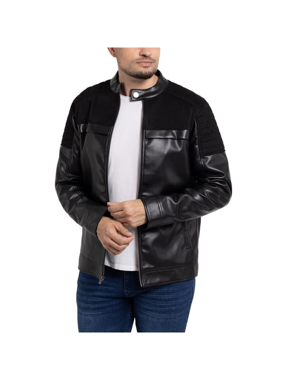 Jeans Mens Shiny PU Jacket with Faux Suede Detailing with Faux Shearling Lining, Black/Black, XL