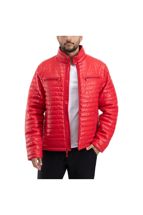 Jeans PU Quilted Jacket with Faux Shearling Lining, Red, M