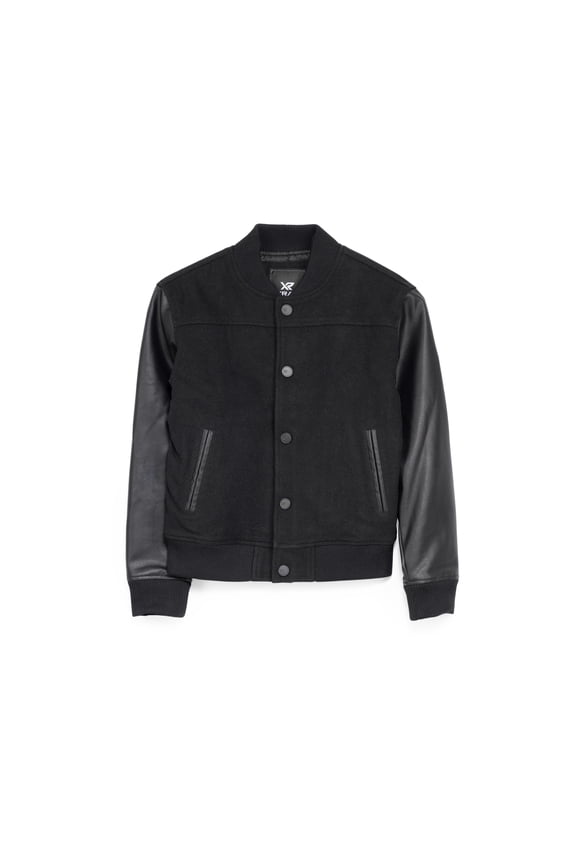 JEANS Boy's Wool Varsity Bomber Jacket With Grainy PU Sleevees, Black/Black, M