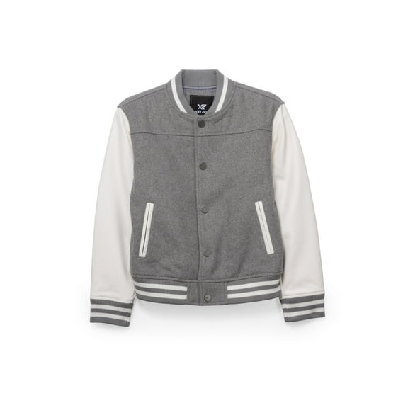 X RAY JEANS  Boy's Wool Varsity Bomber Jacket With Grainy PU Sleevees, Grey/White, XL