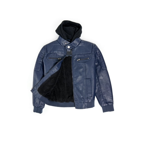 X RAY JEANS  Boy's Lined PU Jacket With Knit Hood, Navy, S