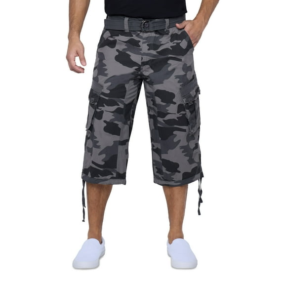 X RAY JEANS Mens Belted 18" Inseam Below Knee Long Cargo Shorts, Black Camo, 44