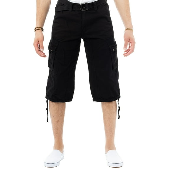 X RAY JEANS Mens Belted 18" Inseam Below Knee Long Cargo Shorts, Black, 52