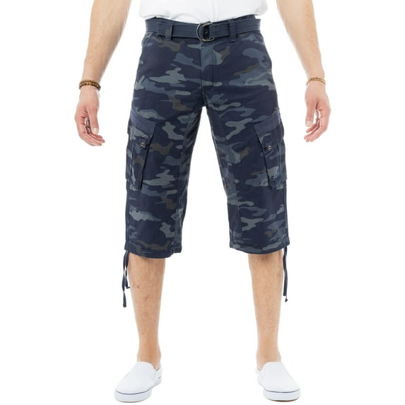 X RAY JEANS Mens Belted 18" Inseam Below Knee Long Cargo Shorts, Navy Camo, 48