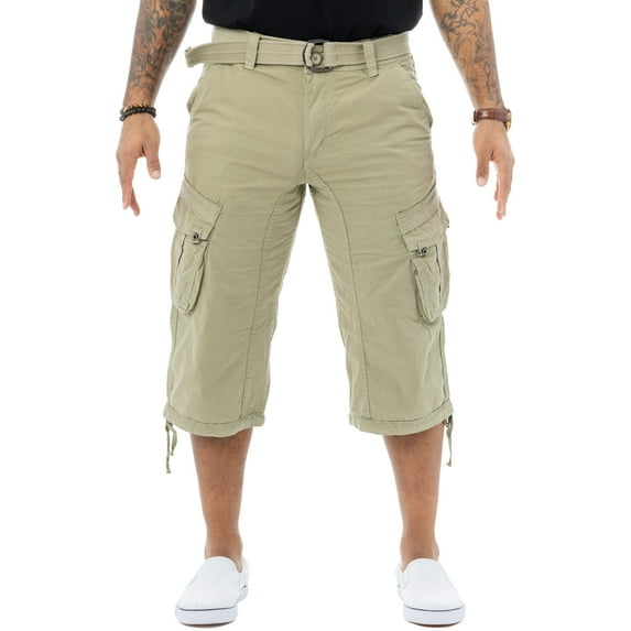 X RAY JEANS Mens Belted 18" Inseam Below Knee Long Cargo Shorts, Stone, 48