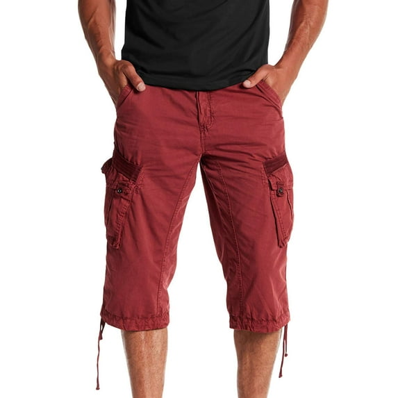 X RAY Men's Belted Cargo Long Shorts 18" Inseam Below Knee Length Multi Pocket 3/4 Capri Pants Burgundy Size 38