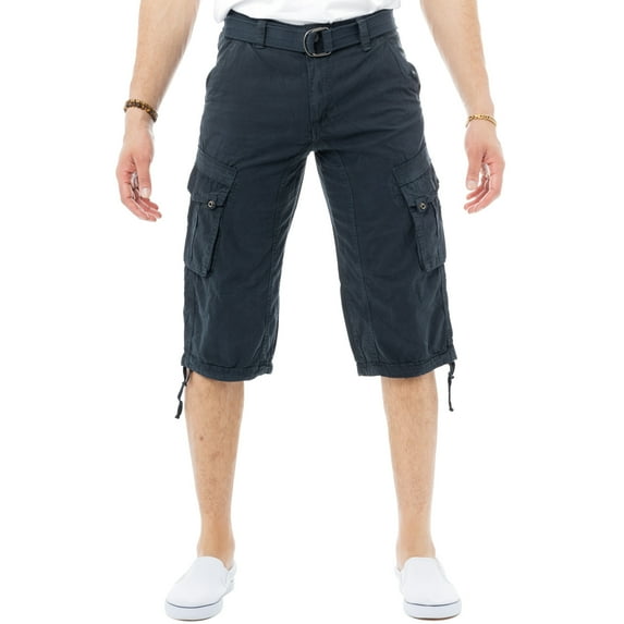 X RAY JEANS Mens Belted 18" Inseam Below Knee Long Cargo Shorts, Navy, 33