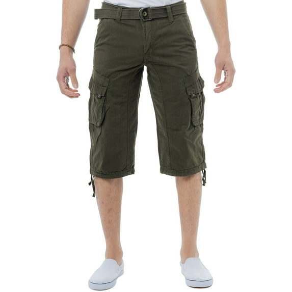 X RAY JEANS Mens Belted 18" Inseam Below Knee Long Cargo Shorts, Olive, 33