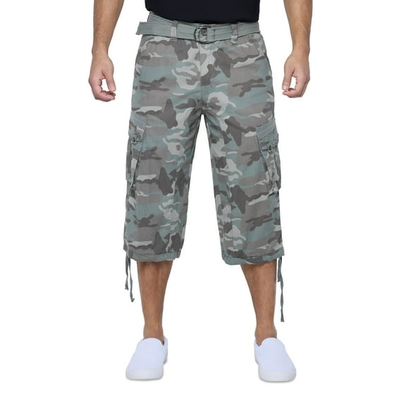 X RAY JEANS Mens Belted 18" Inseam Below Knee Long Cargo Shorts, Sage Camo, 40