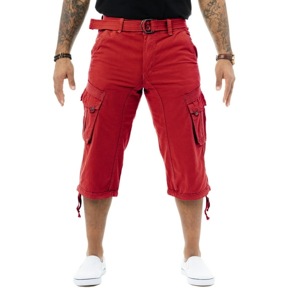 X RAY JEANS Mens Belted 18" Inseam Below Knee Long Cargo Shorts, Jester Red, 32