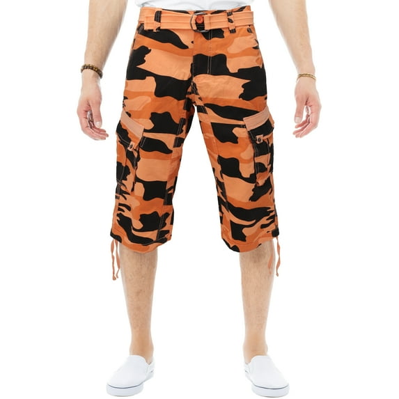 X RAY JEANS Mens Belted 18" Inseam Below Knee Long Cargo Shorts, Orange Camo, 52