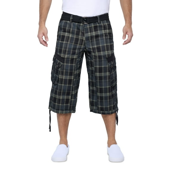 X RAY JEANS Mens Belted 18" Inseam Below Knee Long Cargo Shorts, Plaid Black, 30