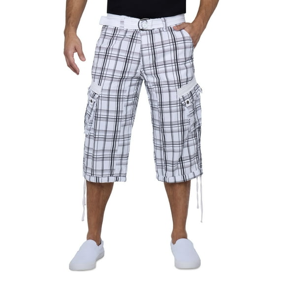 X RAY JEANS Mens Belted 18" Inseam Below Knee Long Cargo Shorts, Plaid White, 42