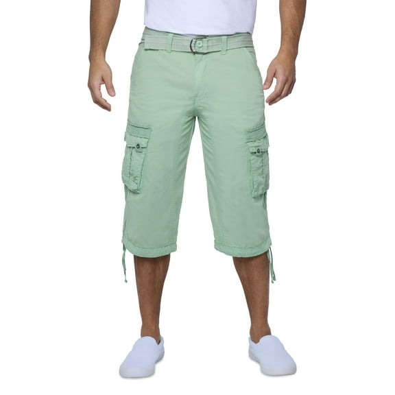 X RAY JEANS Mens Belted 18" Inseam Below Knee Long Cargo Shorts, Pastel Green, 36