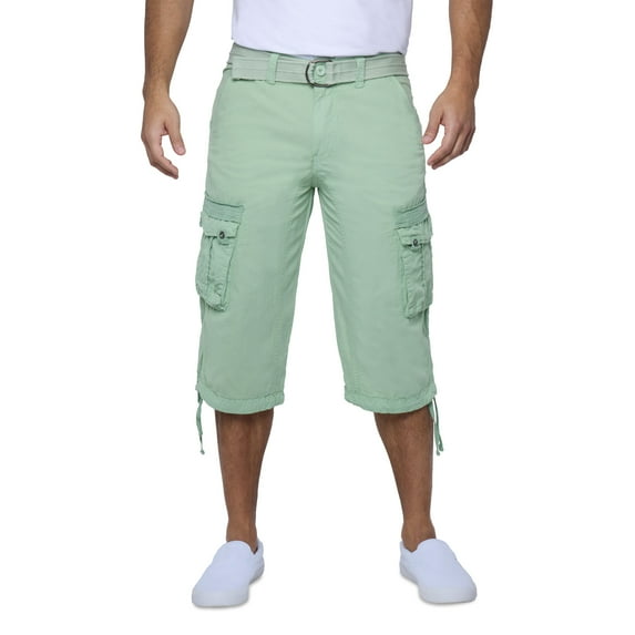 X RAY JEANS Mens Belted 18" Inseam Below Knee Long Cargo Shorts, Pastel Green, 42
