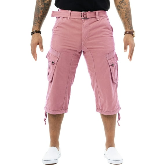 X RAY JEANS Mens Belted 18" Inseam Below Knee Long Cargo Shorts, Pastel Pink, 32