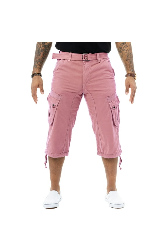 JEANS Mens Belted 18" Inseam Below Knee Long Cargo Shorts, Pastel Pink, 46
