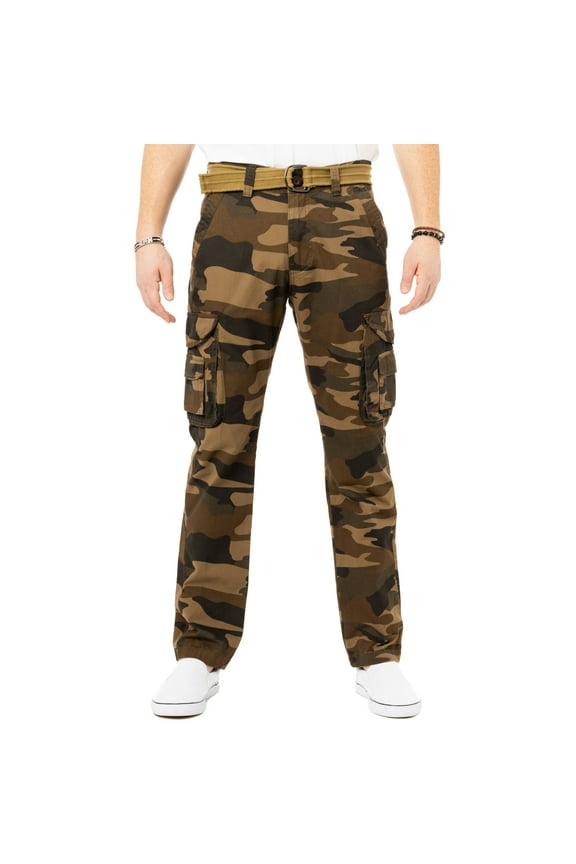 JEANS Mens Belted Classic Fit Cargo Pants, Brown Camo, 30X30