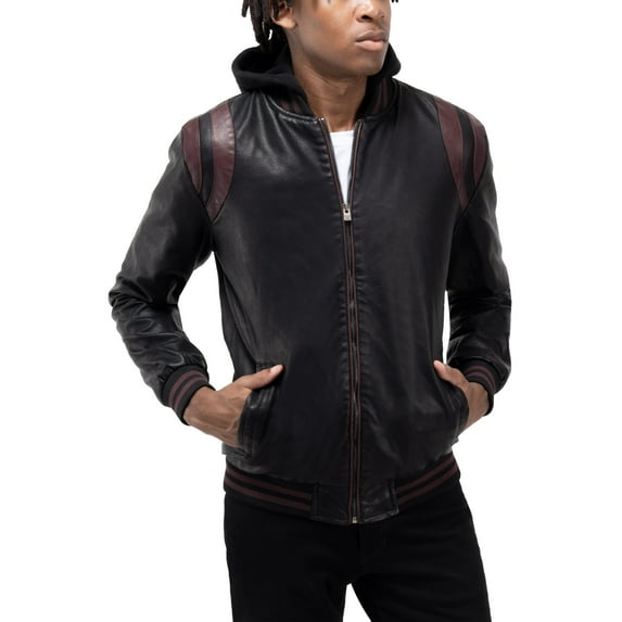 X RAY Jeans Mens Grainy PU Hooded Jacket with Faux Shearling Lining, Black/Burgundy, L