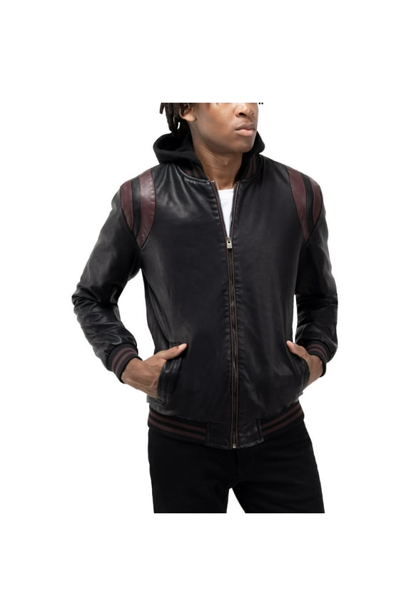 Jeans Mens Grainy PU Hooded Jacket with Faux Shearling Lining, Black/Burgundy, XL