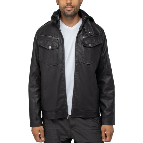 X RAY Jeans Mens Grainy PU Hooded Jacket with Faux Shearling Lining, Black, M