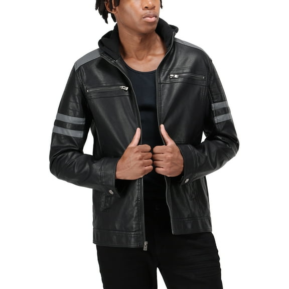 X RAY Jeans Mens Grainy PU Leather Hooded Jacket with Faux Shearling Lining, Black/Grey, L