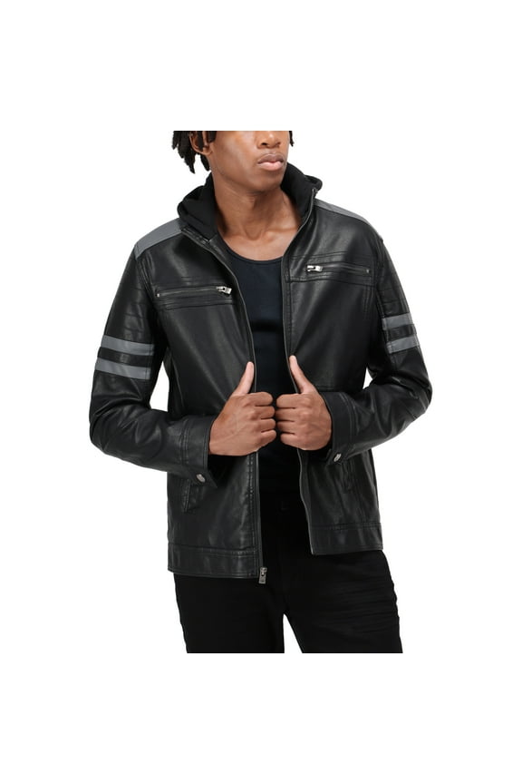 Jeans Mens Grainy PU Leather Hooded Jacket with Faux Shearling Lining, Black/Grey, L