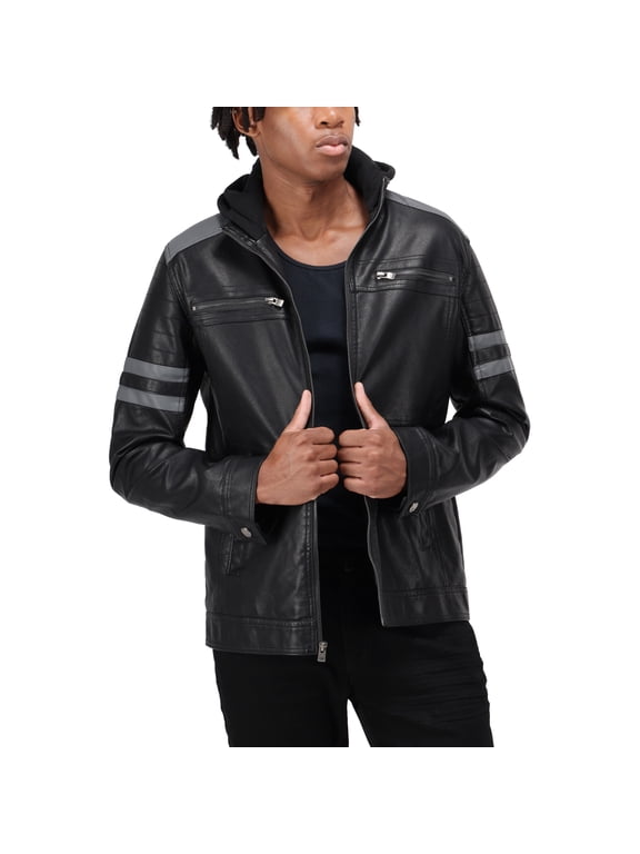 Jeans Mens Grainy PU Leather Hooded Jacket with Faux Shearling Lining, Black/Grey, XL