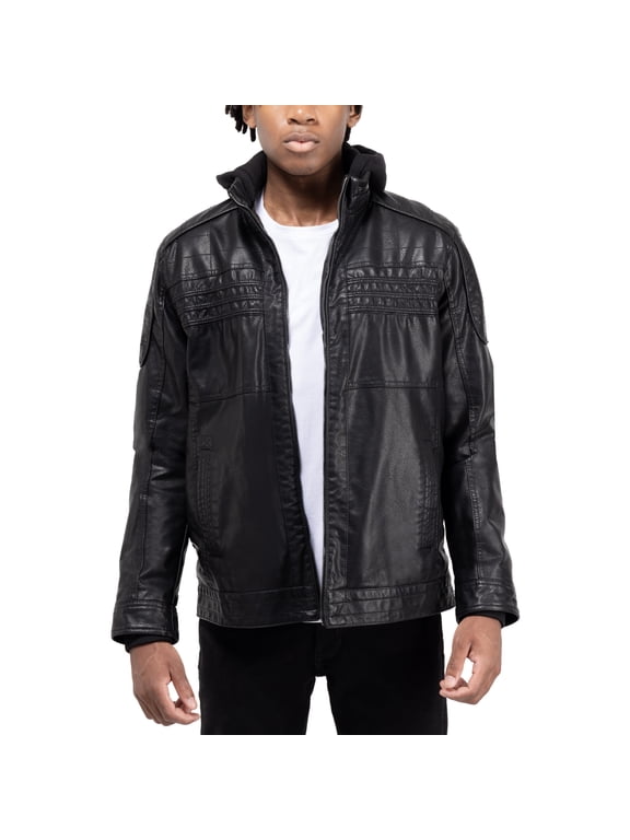 Jeans Mens Grainy PU Leather Hooded Jacket with Faux Shearling Lining, Black, S