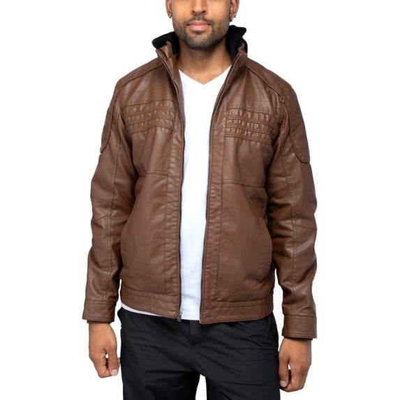 X RAY Jeans Mens Grainy PU Leather Hooded Jacket with Faux Shearling Lining, Dark Amber, L