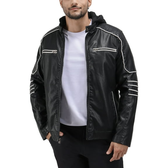 X RAY Jeans Mens Grainy PU Moto Jacket with Hood and Faux Shearling Lining, Black/White, L