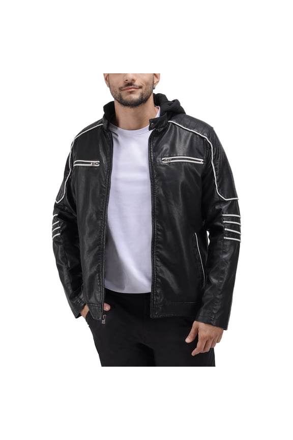 Jeans Mens Grainy PU Moto Jacket with Hood and Faux Shearling Lining, Black/White, L