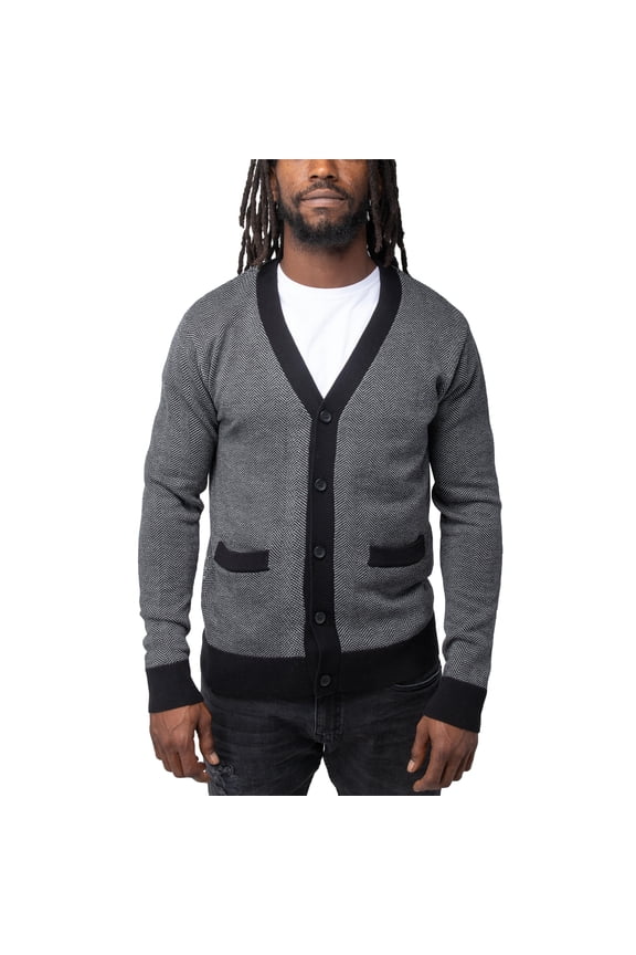 Mens Herringbone Cardigan Sweater, Off White/Black, L