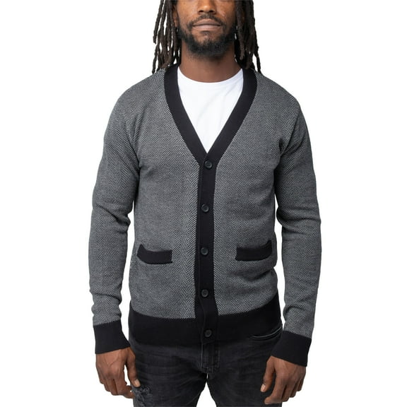 X RAY JEANS Mens Herringbone Cardigan Sweater, Off White/Black, 2XL