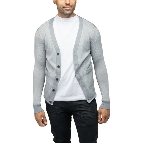 X RAY JEANS Mens Herringbone Cardigan Sweater, Off White/H Grey, XL