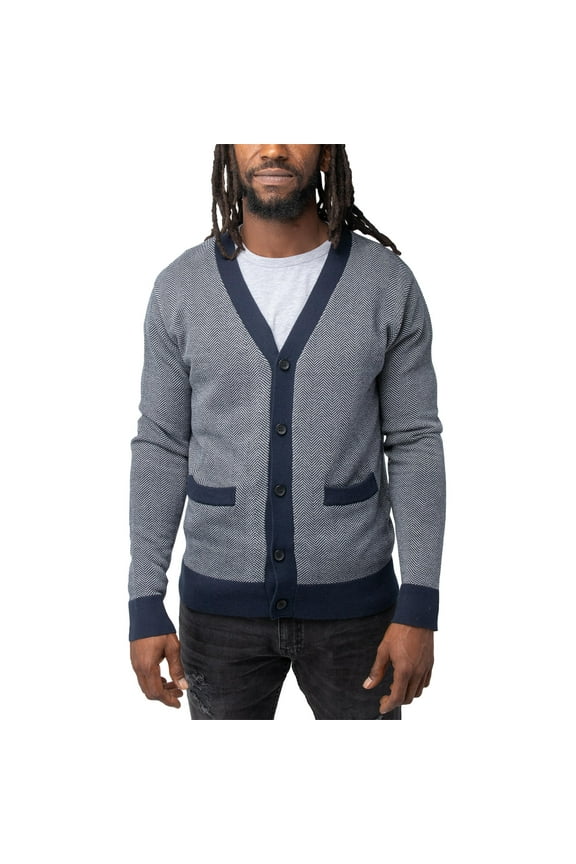 JEANS Mens Herringbone Cardigan Sweater, White/Navy, S