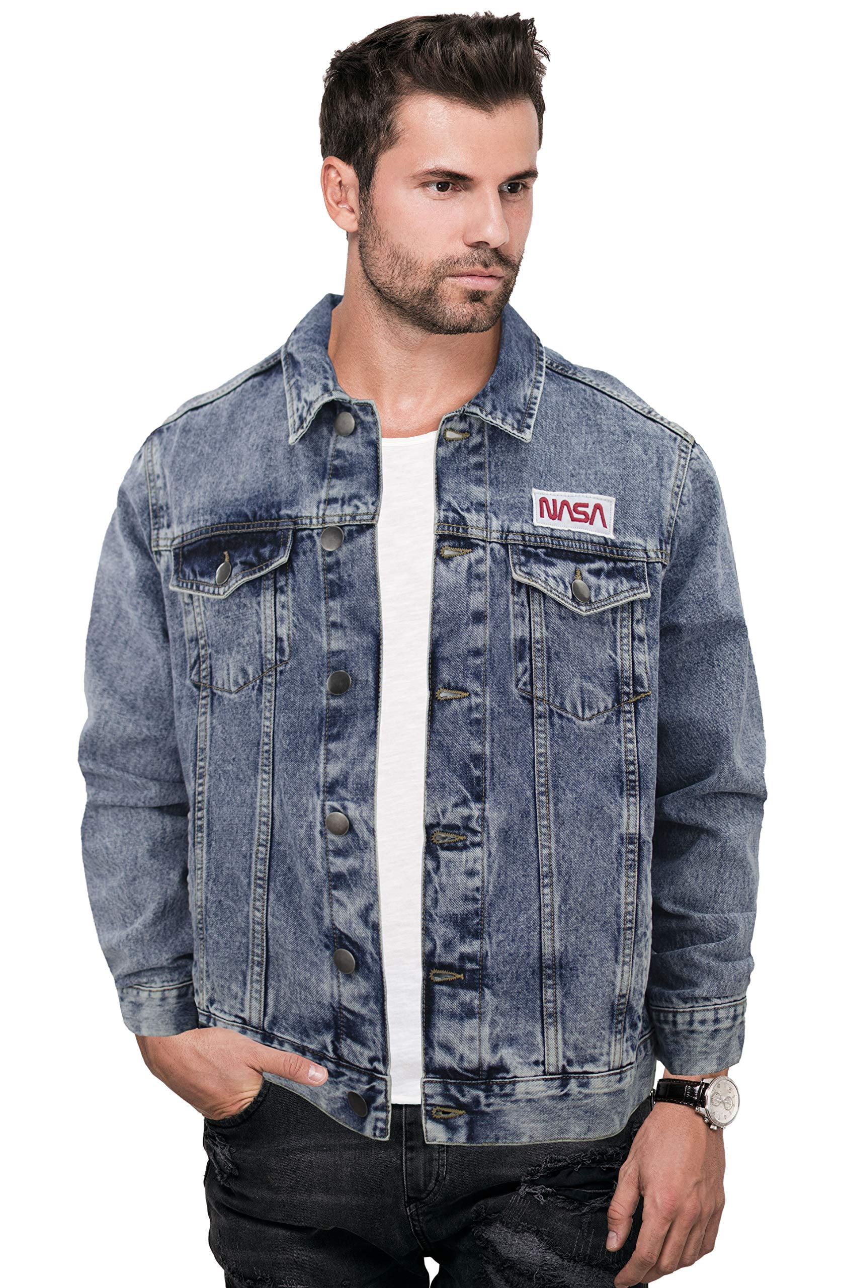 X RAY Men s Denim Jacket Washed Ripped Distressed Flex Stretch Casual Trucker Biker Jean Jacket Acid Blue Nasa Medium