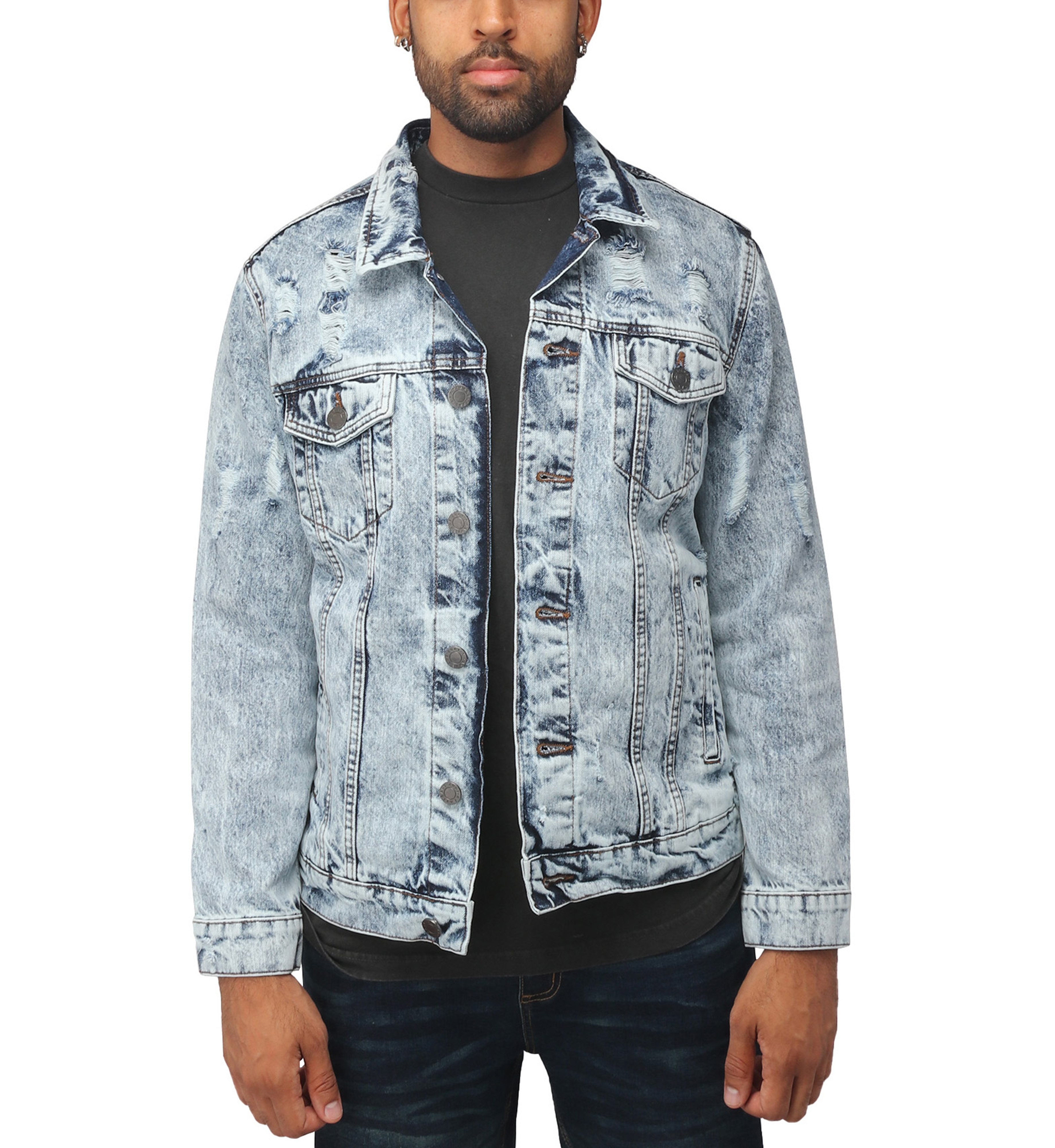 X RAY Men's Denim Jacket, Washed Ripped Distressed Flex Stretch Casual Trucker Biker Jean Jacket, Acid Blue - Ripped, Small - image 1 of 9