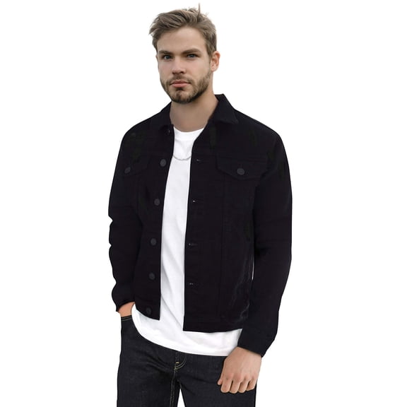X RAY Men's Denim Jacket, Washed Ripped Distressed Flex Stretch Casual Trucker Biker Jean Jacket, Black - Ripped, Medium