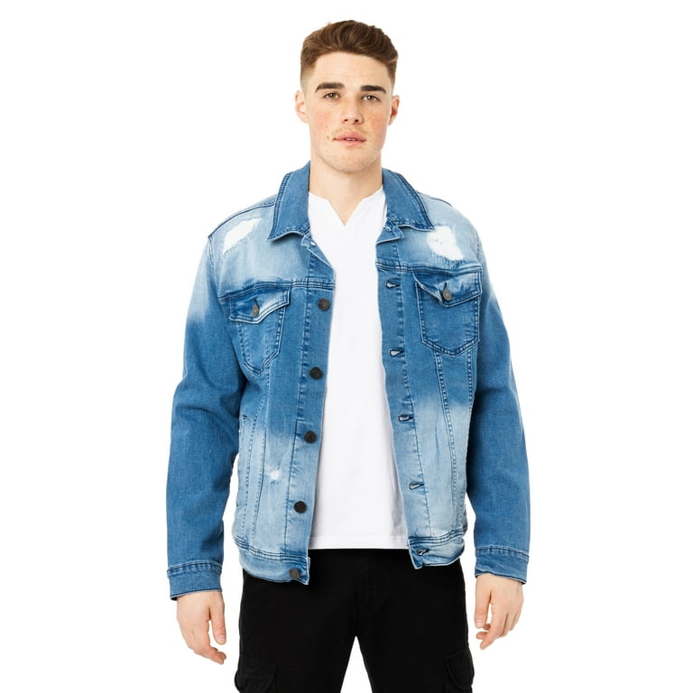 X RAY Men s Denim Jacket Washed Ripped Distressed Flex Stretch Casual Trucker Biker Jean Jacket Medium Blue Ripped Large