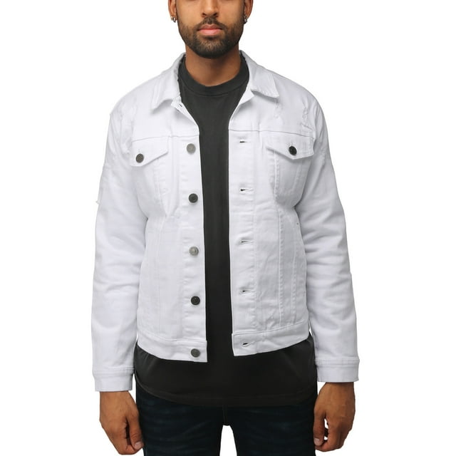 X RAY Men's Denim Jacket, Washed Ripped Distressed Flex Stretch Casual Trucker Biker Jean Jacket, White - Ripped, Small