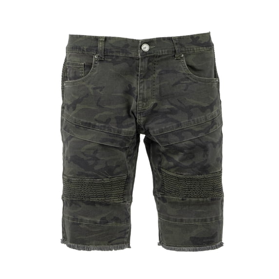 X RAY Men's Jean Shorts Biker Denim Short Jeans for Men Moto Slim Fit Stretch Ripped Casual Knee Length Hem, Olive Camo, Frayed Hem